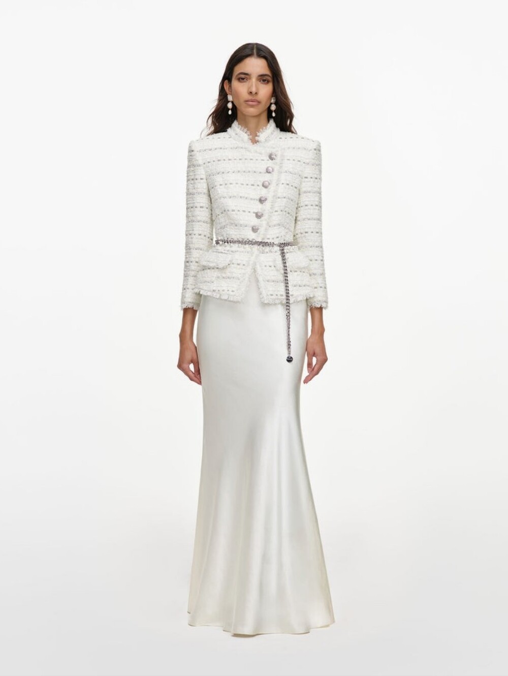 Self Portrait White Boucle Satin Maxi Dress